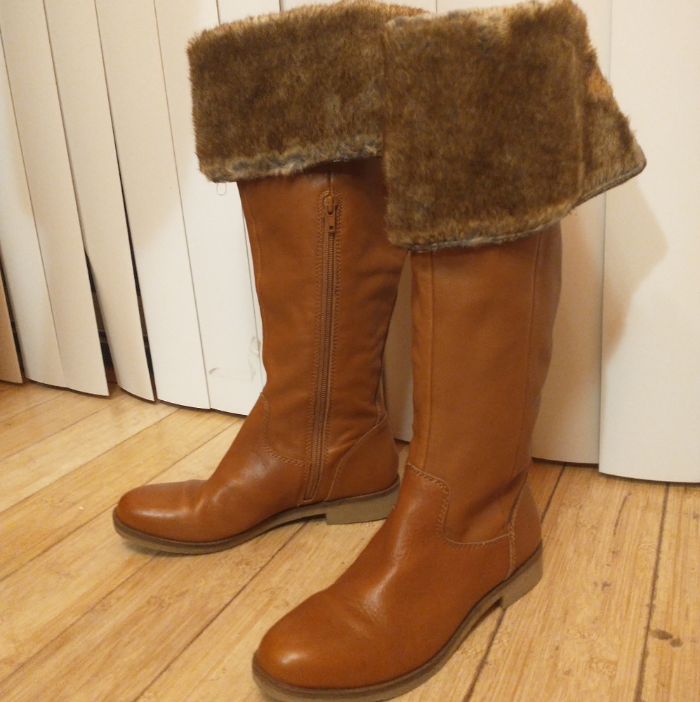 Knee high leather boots faux fur